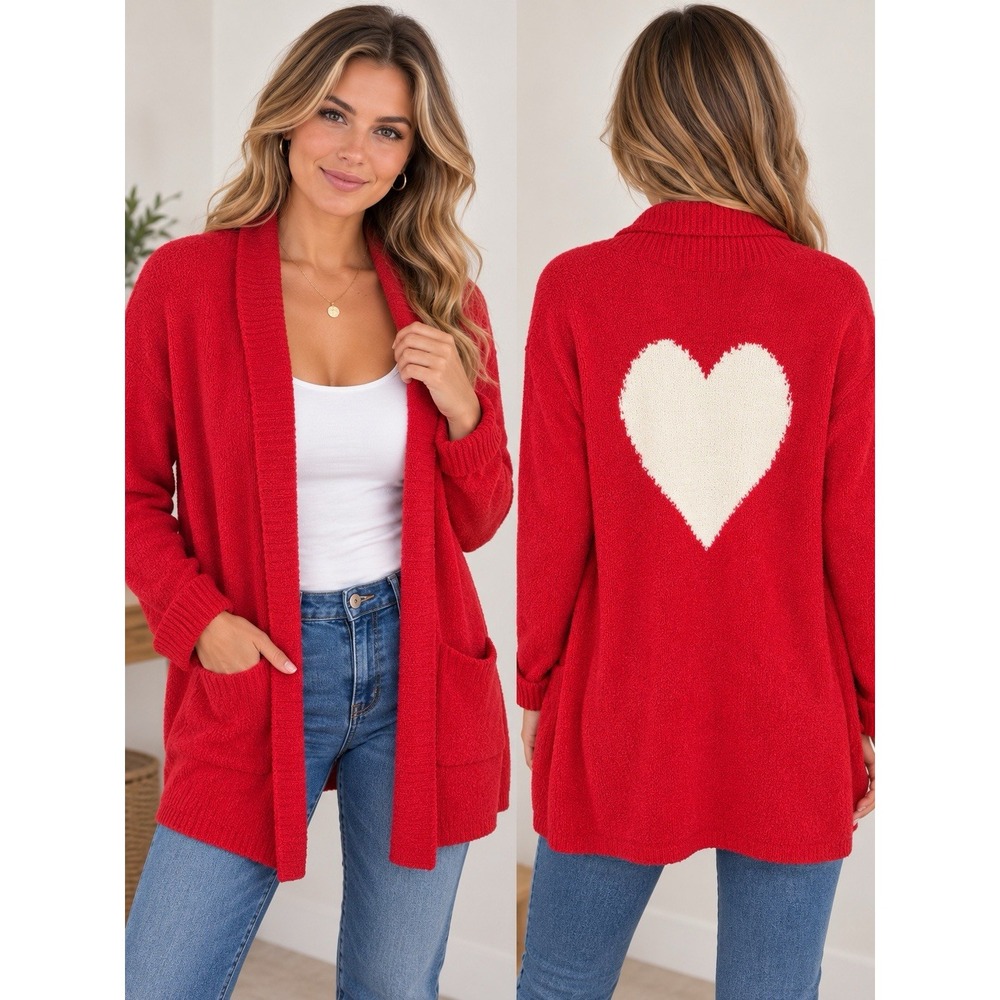 Betsey Johnson Red White Heart Back Cardigan Sweater M Oversized Valentine -3361